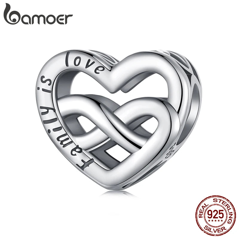 BAMOER Solid 925 Sterling Silver Forever Love Charm Bead fit Original Bracelet & Necklaces Jewelry DIY Hollow Heart-Shaped Charm