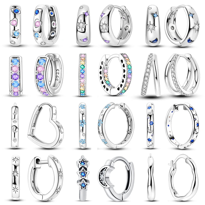 Original Cute 925 Silver Sparkling Colorful Zircon Pink Heart Shape Star Moon Earrings For Women Wedding Engagement Jewelry Gift