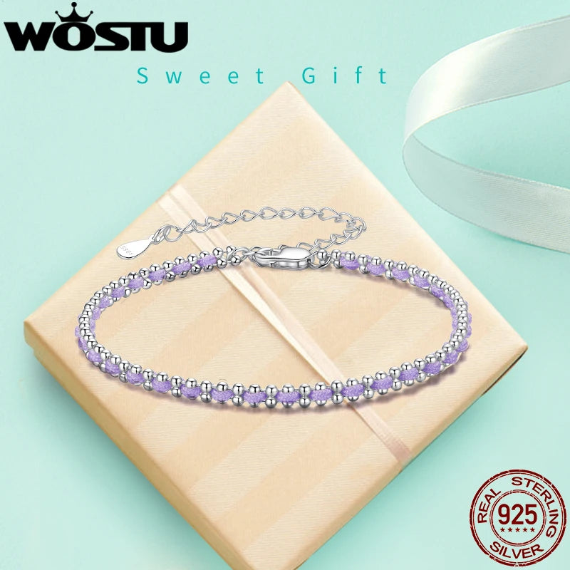 WOSTU 925 Sterling Silver Handmade Purple Cotton Rope Sport Set Bracelets for Women Mystic Braided Bracelets Girl Birthday Gift