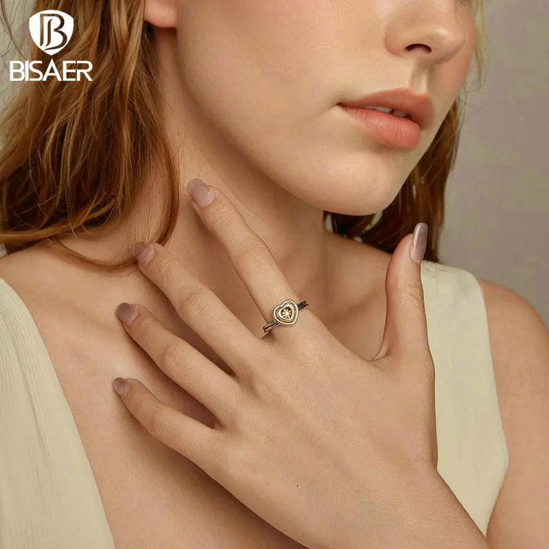 BISAER 925 Sterling Silber Herz offener Ring zweifarbig stapelbar Verlobungsring 18K vergoldet für Paar Jahrestag edler Schmuck