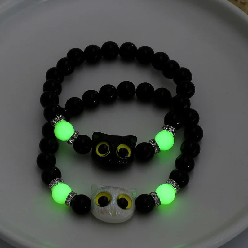 Cute Big Eye Cat Luminous Bracelets For Women Men Cartoon Animal Black White Kitten Beaded Bangles Friendship Couple Jewelry