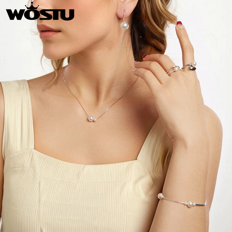 WOSTU 925 Sterling Silver Double Pearl pendant Necklaces Drop Earrings Pearl Opening Ring Bracelet Wedding Set Mother's Day Gift