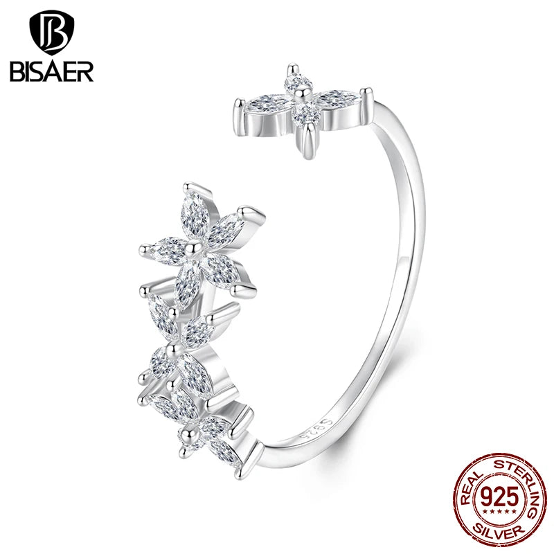 BISAER Real 925 Sterling Silver Autumn Leaves Open Ring Sparkling Zircon Band Adjustable Size 5-9 for Women Party Fine Jewelry