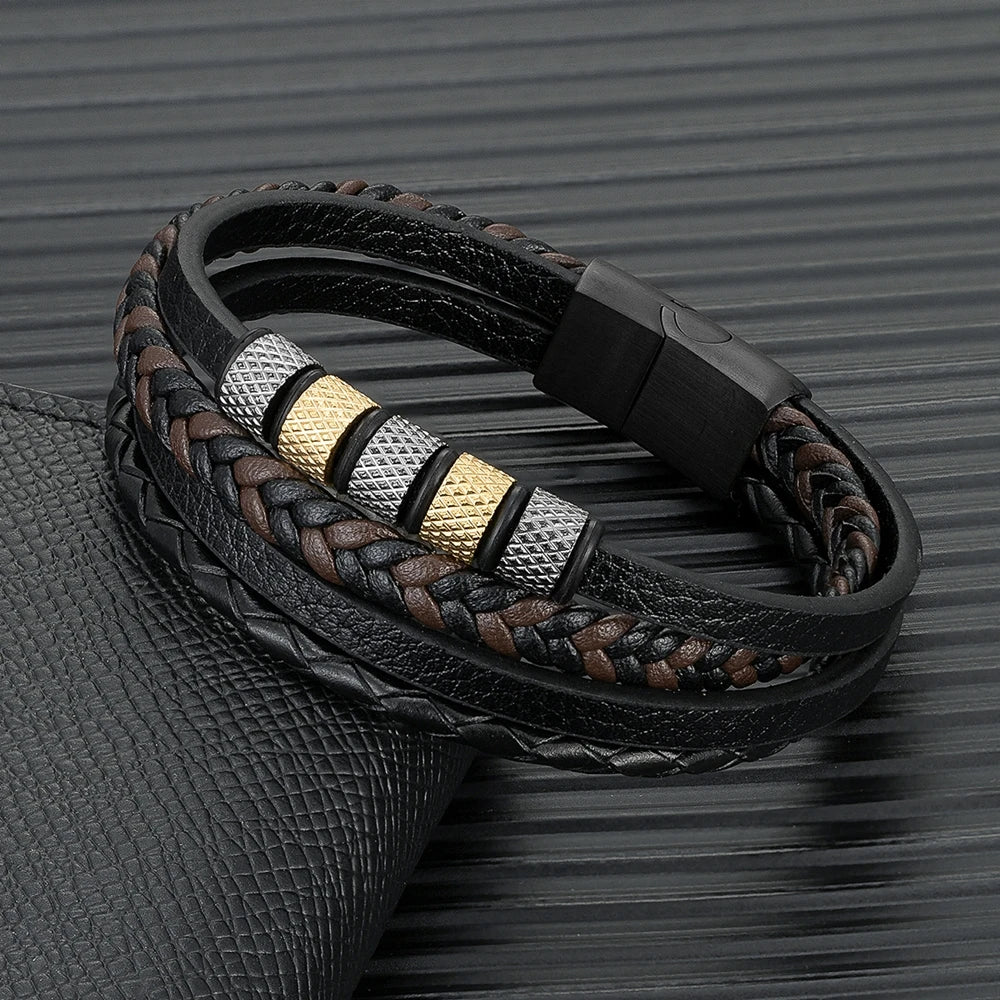 MKENDN Luxury Stainless Steel Beaded Bracelet Punk Men's Classic Multilayer Braided Leather Bracelet Black Buckle Homme Pulseras