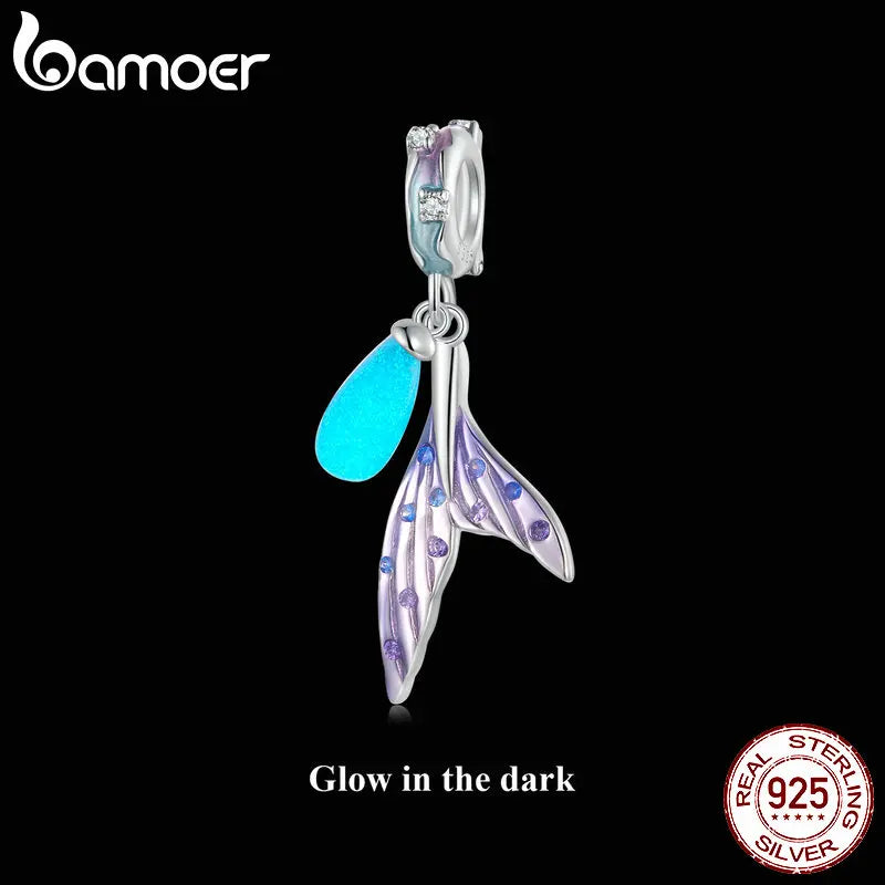BAMOER 925 Sterling Silber Leuchtender Meerjungfrau-Anhänger für Frauen Weißgold plattiert Original Armband Charm Perlen DIY Zubehör