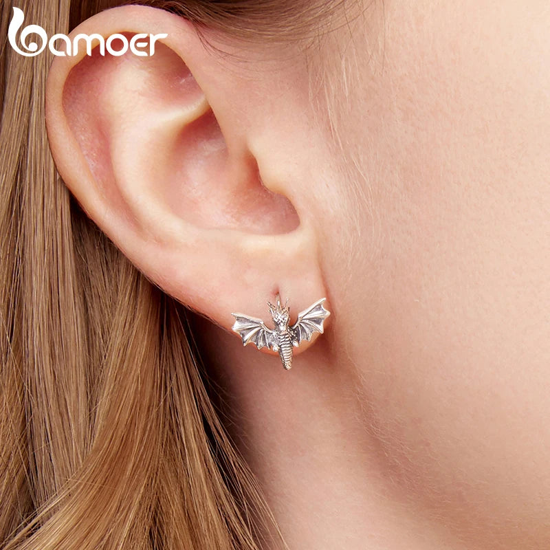 BAMOER Solid 925 Sterling Silver Flying Dragon Hoop Earrings for Women Teens Animal Huggie Earrings Hoop SCE1889