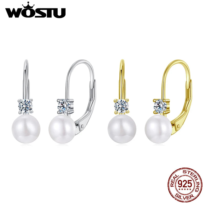 WOSTU Moissanite Natural Pearl Stud Earrings Lab Diamond 925 Silver 18K Gold Women Wedding Drop Hoops Gift For Lover Daughter
