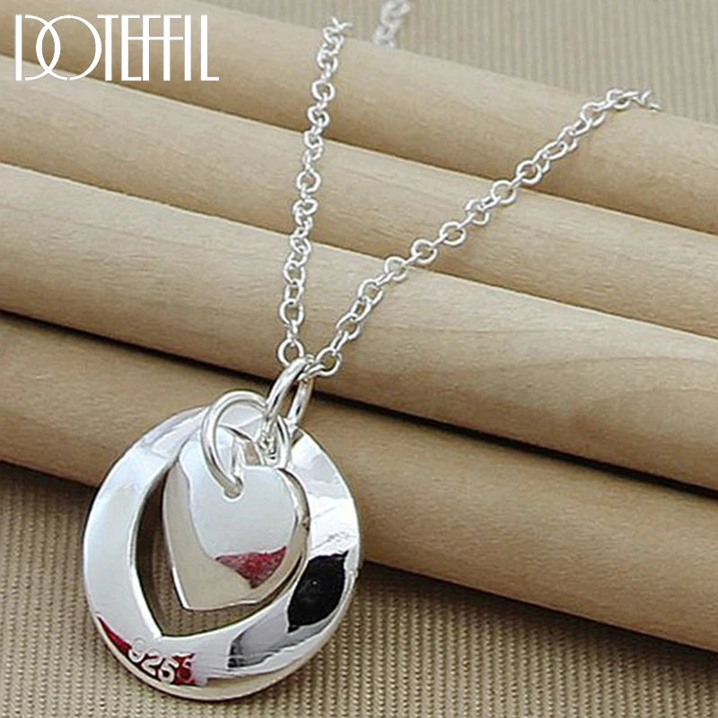 DOTEFFIL 925 Sterling Silver Heart Round Pendant Necklace 18-30 Inch Chain For Woman Man Wedding Engagement Party Charm Jewelry