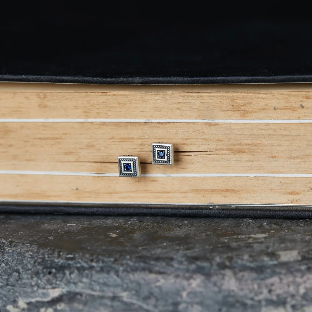 MKENDN Gothic Style 925 Sterling Silver Retro Square Blue Zircon Stud Earrings For Men Women Personality Punk Rock Ear Jewelry