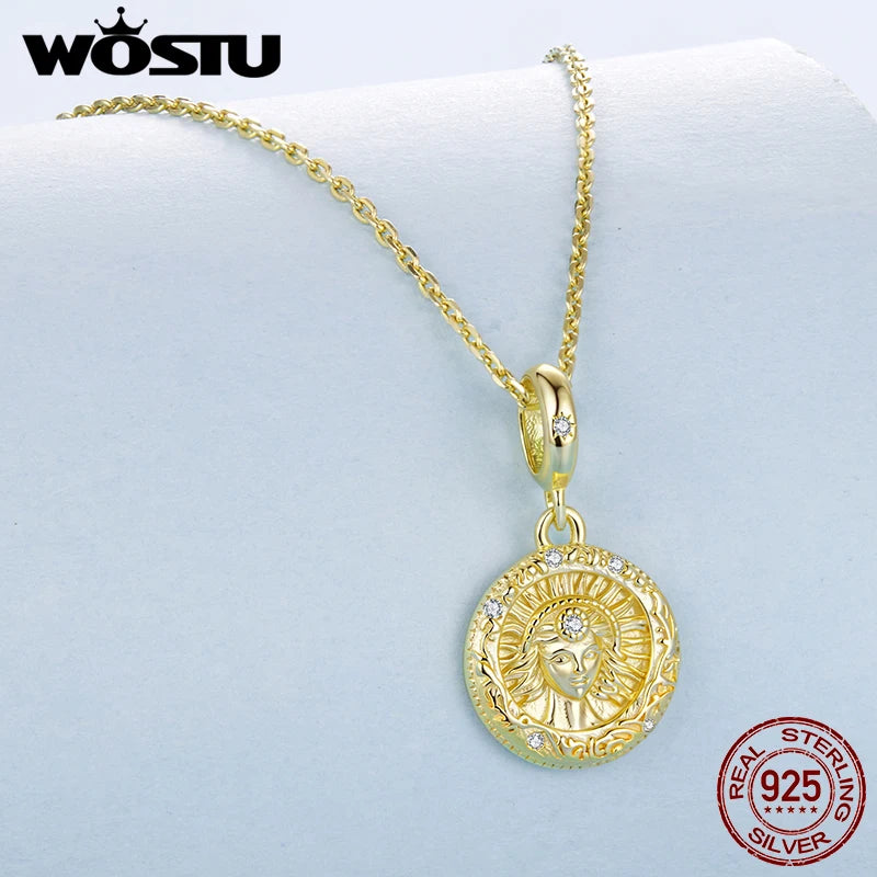WOSTU 925 Sterling Silver 18k Gold Plated Sun Goddess Pendant Charm For Women DIY Jewelry Making Gift