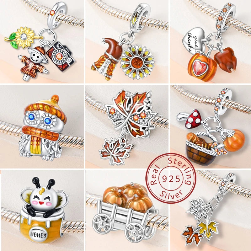 New 925 Sterling Silver Charm Beads Pendant Pumpkin Maple Leaf Autumn Series Charms Fit Original Bracelets Fine Jewelry