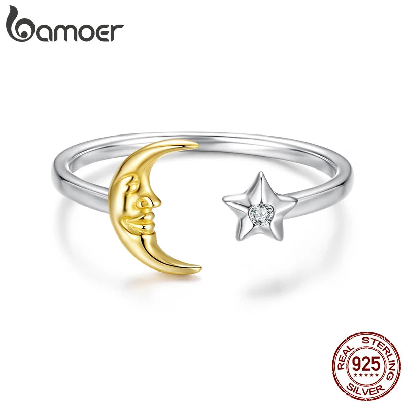 BAMOER Zweifarbiger Mond- und Sternring, offen, 925er Sterlingsilber, mit Gesichtsausdruck, originelles abstraktes Schmuckstück für Damen
