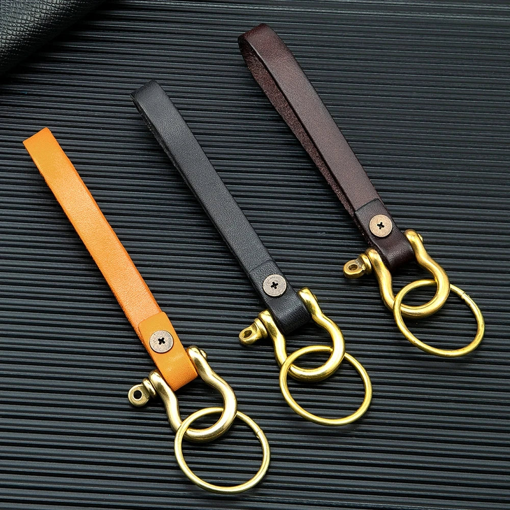MKENDN Retro Solid Brass Carabiner Hook Nautical Horseshoe Shackle Genuine cow leather Strap Hholder keychain keyring FOB Gifts