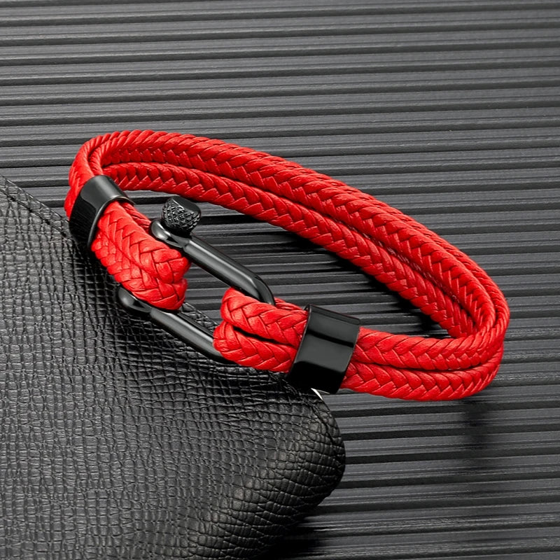 MKENDN Men Women Black Stainless Steel U-Shape Shackle Woven Multilayer Leather Bracelet Outdoor Adventure Climbing Surf Gifts