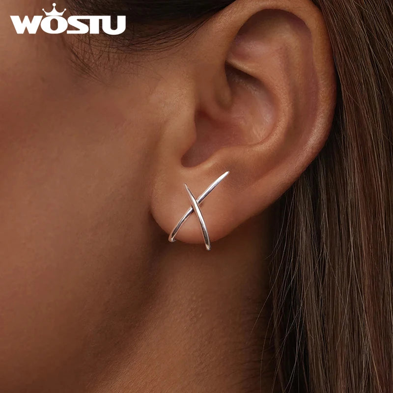 WOSTU 925 Sterling Silver Simple X Shape Earrings Line Ears Stud Plated Gold Original for Women Birthday Fine Jewelry New Gift