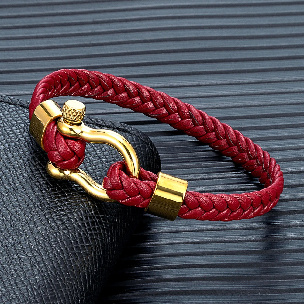 MKENDN Gold Color Stainless Steel Shackle Bracelet Simple Lucky Red Braided Leather Bracelets for Men Women Handmade Jewelry