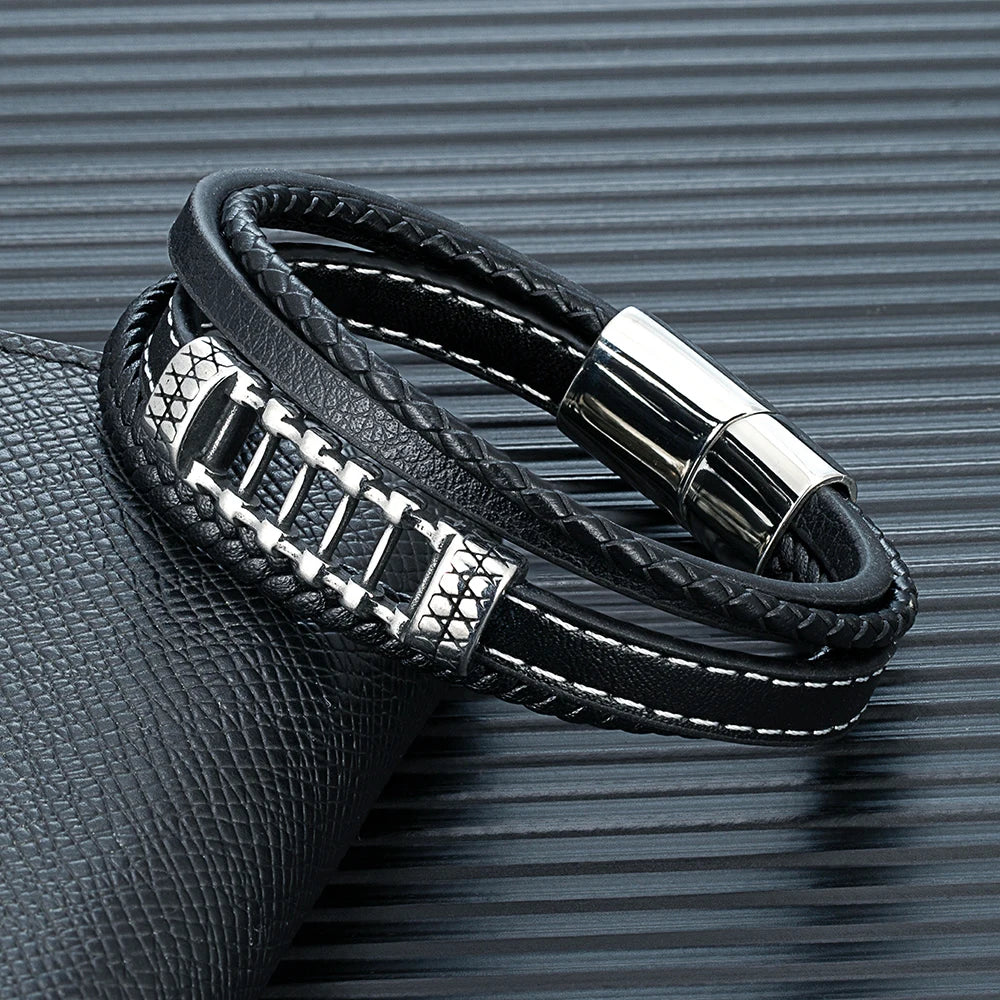 MKENDN Locomotive Men Biker Chain Braided Multi-layer Genuine Leather Bracelet Stainless Steel Magnetic Buckle Bracelet Homme