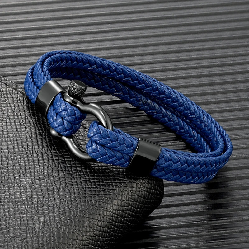 MKENDN Multilayer Woven Leather Bracelet For Men Women Black Stainlass Steel Shackle Screw Bracelets Outdoor Style Jewelry Gifts