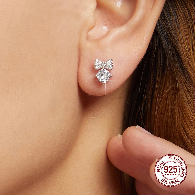 BAMOER Solid 925 Sterling Silver Tiny Bow Earrings Stud for Women Teens CZ Bowknot Stud Earrings BSE1143