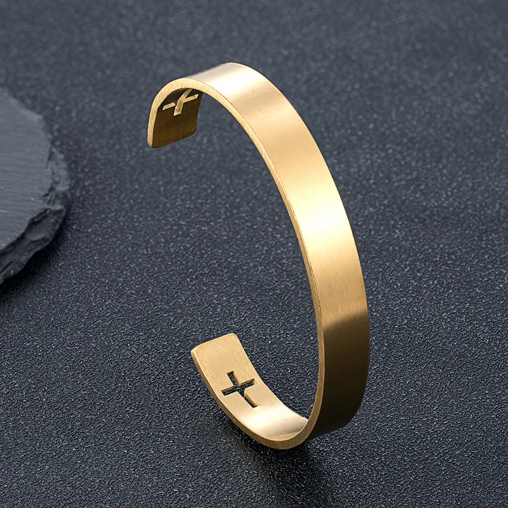 Gold Color Stainless Steel Cross Cuff Bracelet for Men Carving Design Fashion Wristband Hand Accessory Perfect Gift for Him