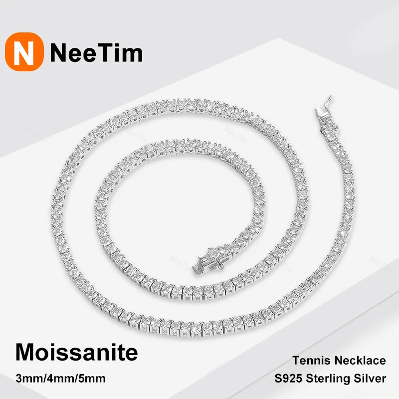 NeeTim 3/4/5mm Moissanite Tennis Necklace for Women Man S925 Silver with 18k Gold Plated Neck Chains Trendy Hiphop Party Jewelry