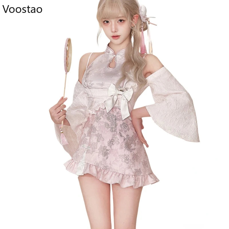 New Chinese Style Lolita Dress Set Women Elegant Short Cardigan Tops Ruffles Chic Print Cheongsam Dress Suits Female Y2k Outfits