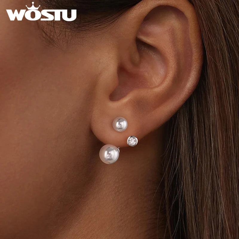WOSTU 925 Sterling Silver Original Front-Back Pearl Zircon Stud Earrings For Women Daily Wear Fine Jewelry Gift