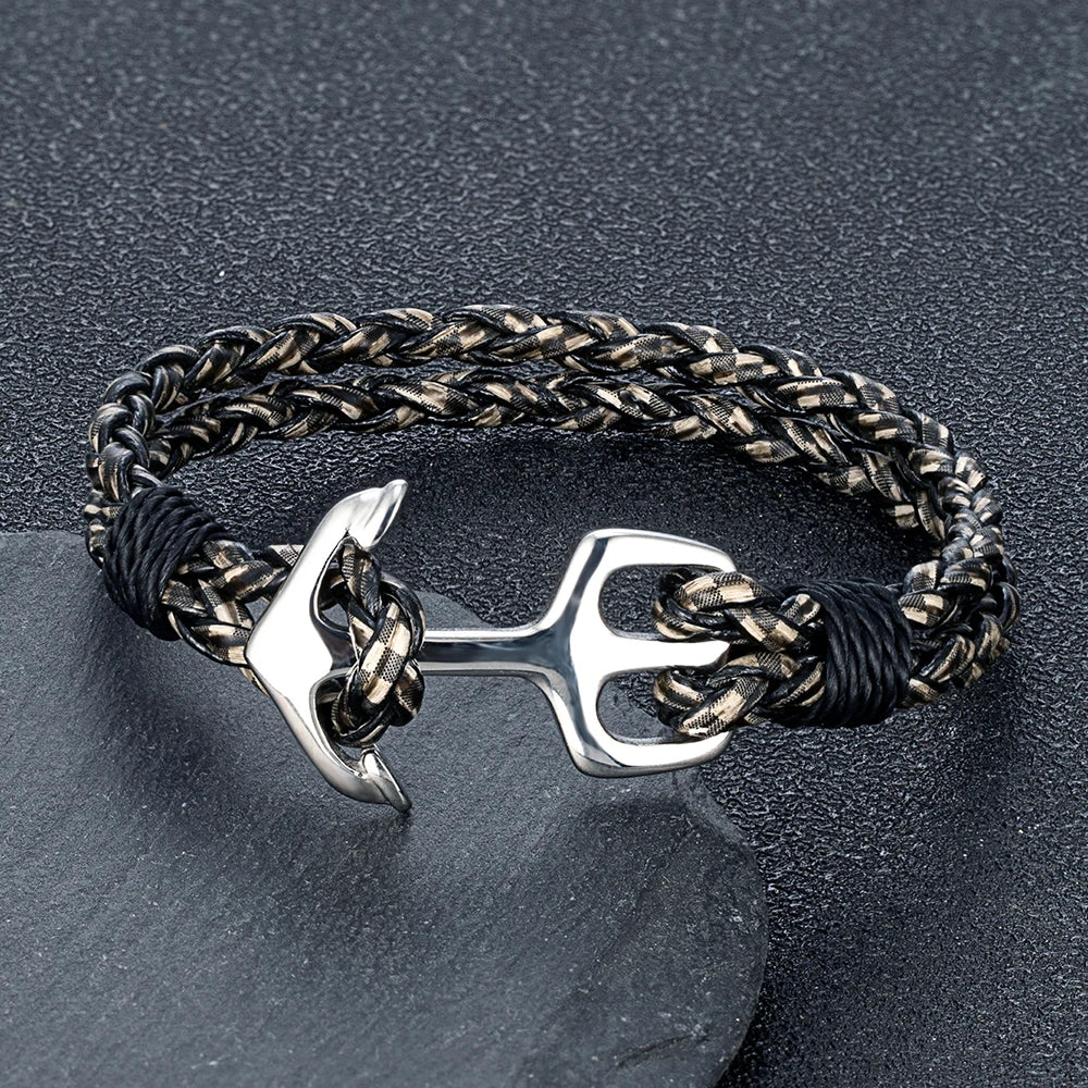 MKENDN Men's Punk Stainless Steel Anchor Bracelet with Braided Leather Black Fashion Jewelry Gift