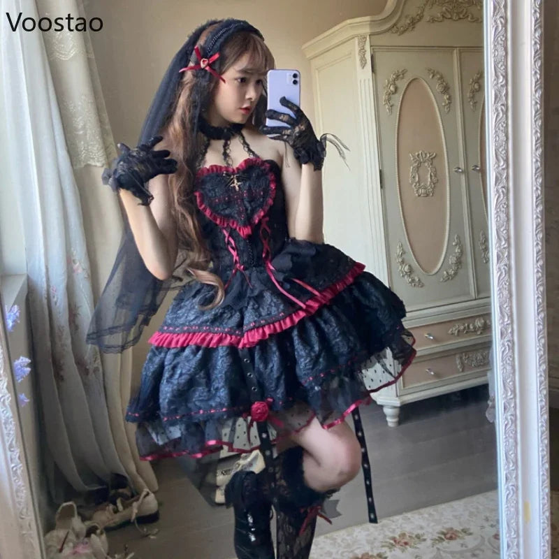 Gothic Lolita Jsk Dresses Victorian Women Elegant Lace Halter Neck Dark Mini Dress Girls Punk Y2K Halloween Holiday Party Dress
