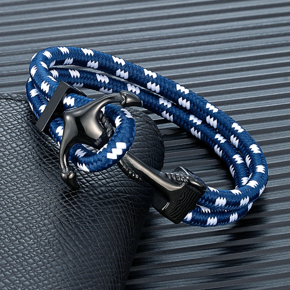 MKENDN Classic Men Anchor Bracelet Woven Multilayer Braided Nylon Rope Bracelets For Women Black Stainless Steel Jewelry Gifts