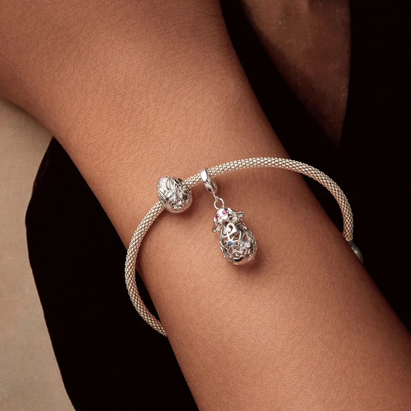 WOSTU 925 Silver Easter Rabbit with Egg Charm Heart Rabbits Pendant Moonstone Safety Chain Fit Bracelet Girl Daughter DIY Gifts