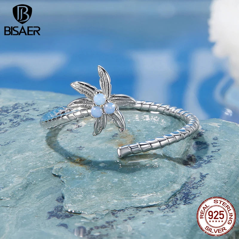 BISAER 925 Sterling Silver Coconut Tree Open Ring Opal Band Plated White Gold for Women Party Original Fine Jewelry Holiday Gift
