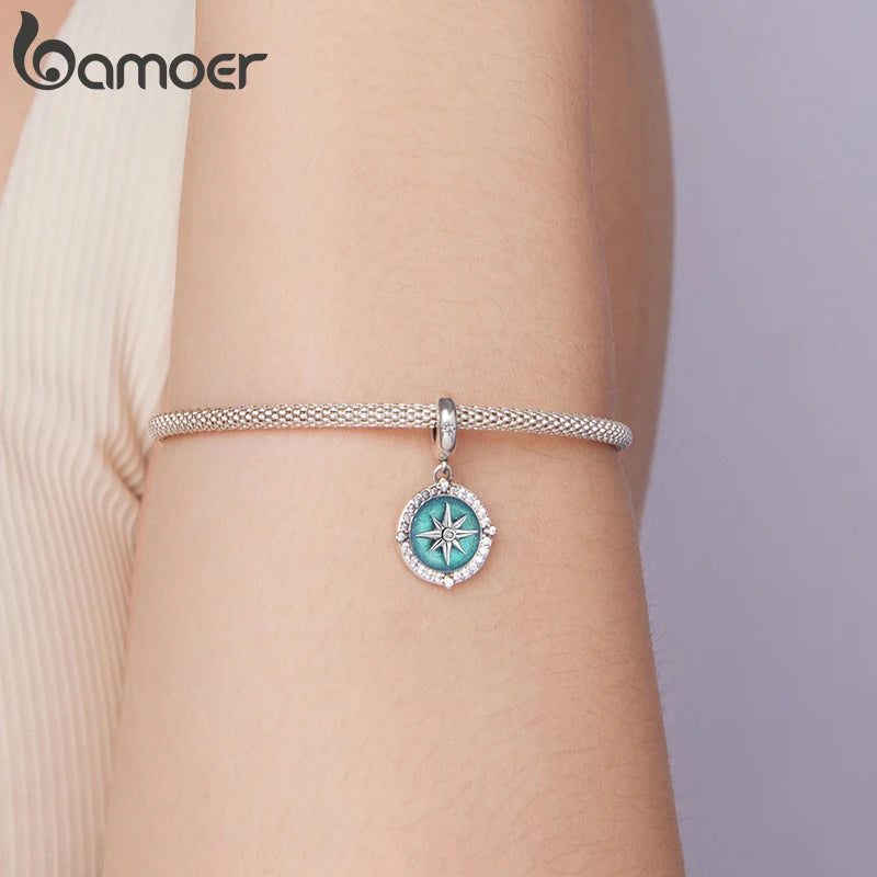 Bamoer 925 Sterling Silver Compass Pendant Enamel Blue Full Circled Zircon Beads for Women DIY Necklace Accessories Crystal Gift