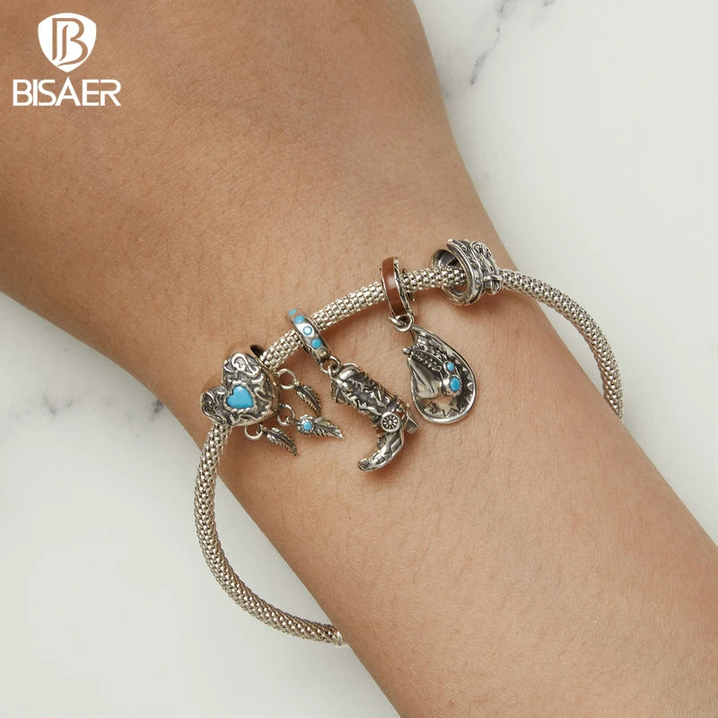 BISAER 100% 925 Sterling Vintage Western Cowboy Charm Perle Dream Catcher Pendentif Fit Femmes DIY Bracelet Fine Jewelry ECC2567