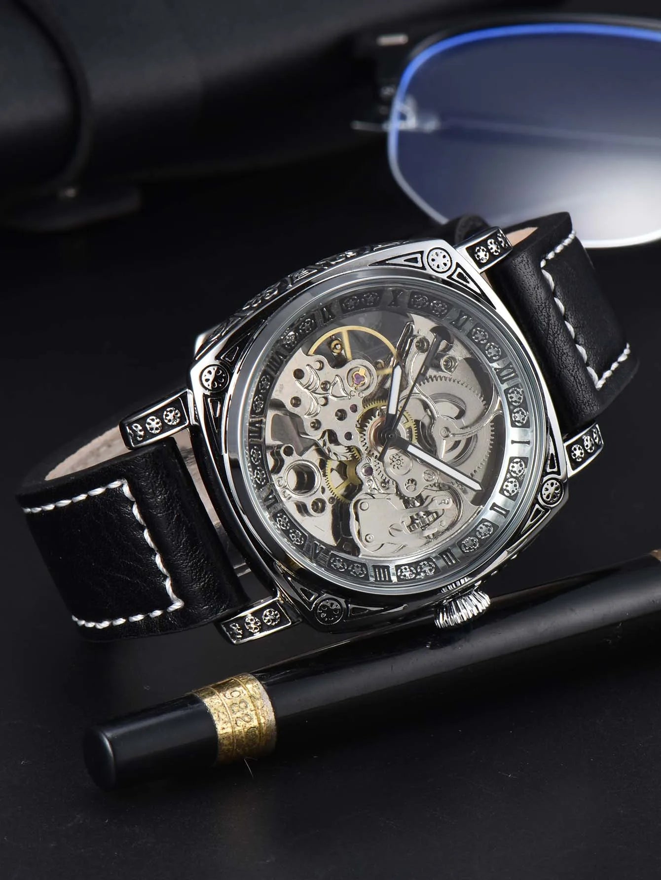 automatic watch retro style wholesale mechanical wristwatches skeleton carve waterproof leather no logo mens watch