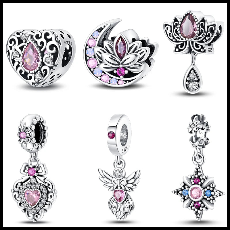 Classic 925 Sterling Silver Pink Retro Heart Shape Lotus Angel Butterfly Charms Beads Fit 3mm Original Bracelets DIY Jewelry