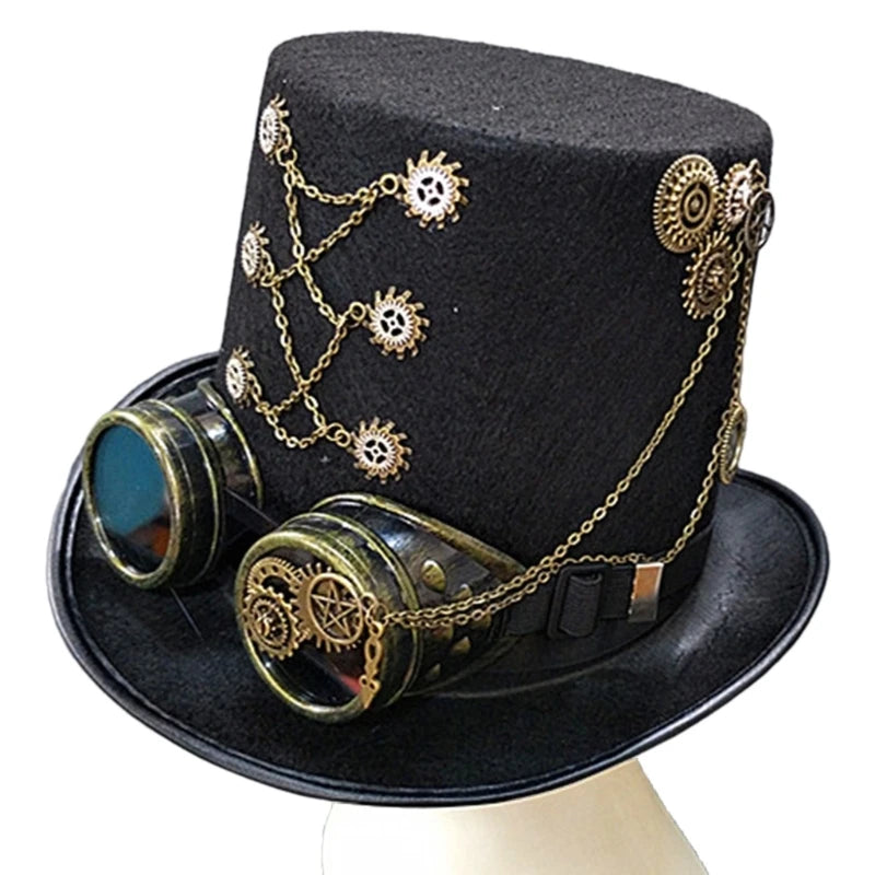 652F Victorian Steampunk Top Hat with Goggles Vintage Accessories Set for Adult Halloween Dress Up Magician Hat