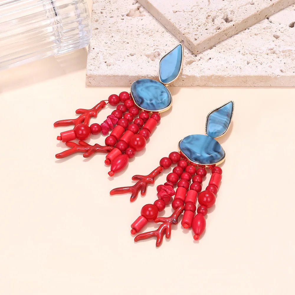 ZAA Retro Ethnic Style Handmade Beaded Coral Tassel Earnings
