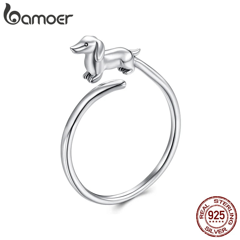 BAMOER 2025 Solid 925 Sterling Silver Cute Dachshund Adjustable Rings Lovely Dog Animals Open Ring Jewelry for Pet Lovers