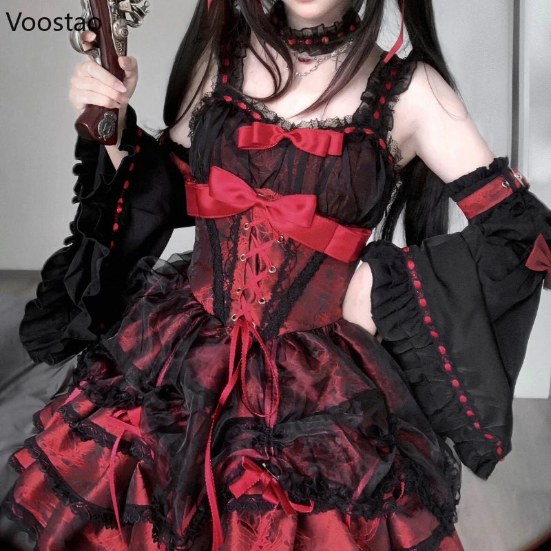 Japanese Gothic Lolita Jsk Dress Women Harajuku Y2k Bow Lace Ruffles Evening Party Mini Dresses Punk Kawaii Black Red Vestidos