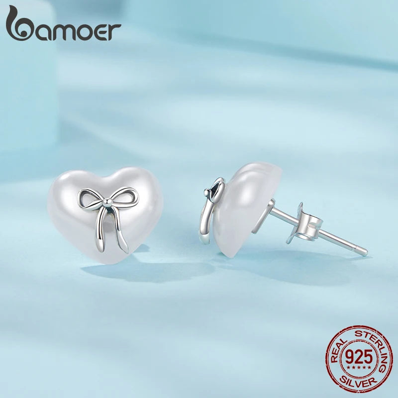 BAMOER 925 Sterling Silver Bow Heart Shaped Shell Pearl Stud Earrings, Minimalist Cute Studs for Women Fashion Jewelry SCE1810