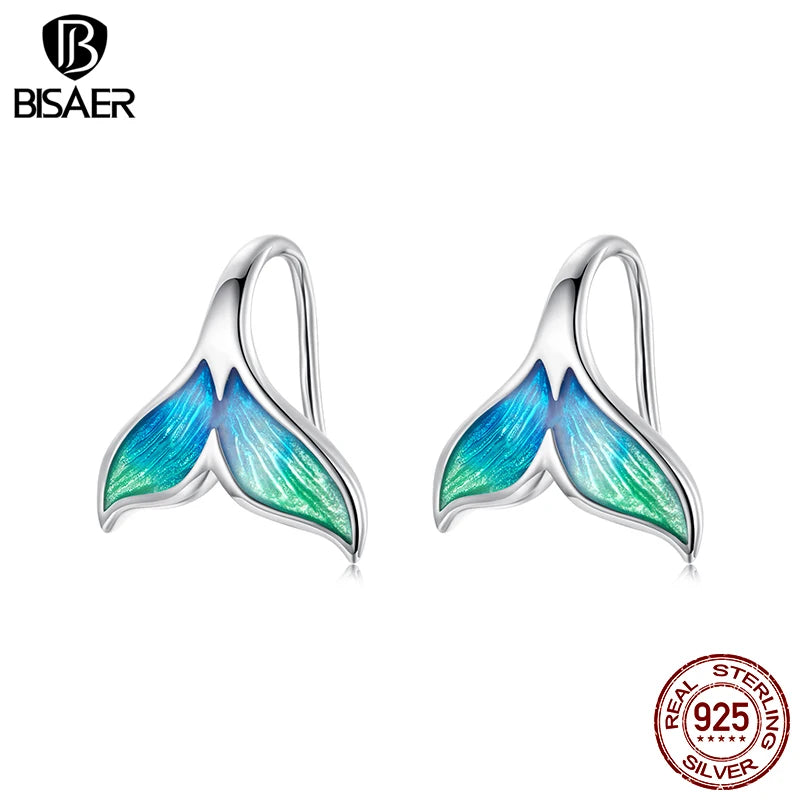BISAER 925 Sterling Silver Mermaid Stud Earrings Blue Gradient Enamel process Stud Ear for Women Party Fine Jewelry Holiday Gift
