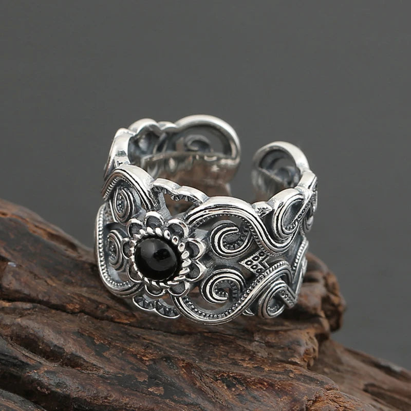Retro Mongolian Flower Pattern Ring For Men Women Silver Color Gothic Adjustable Ring Handmade Unisex Jewelry Accessories Gift