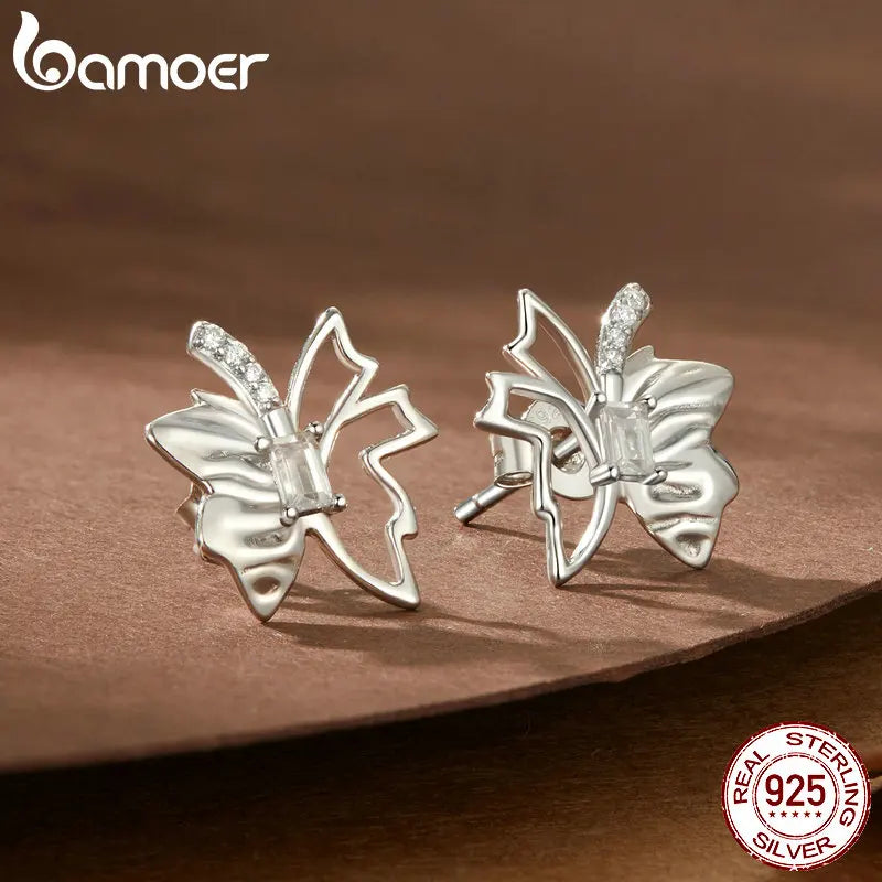 BAMOER Solid 925 Sterling Silver Dainty Autumn Leaf Butterfly Stud Earrings, Hypoallergenic Minimalist Cute Ear Studs for Women