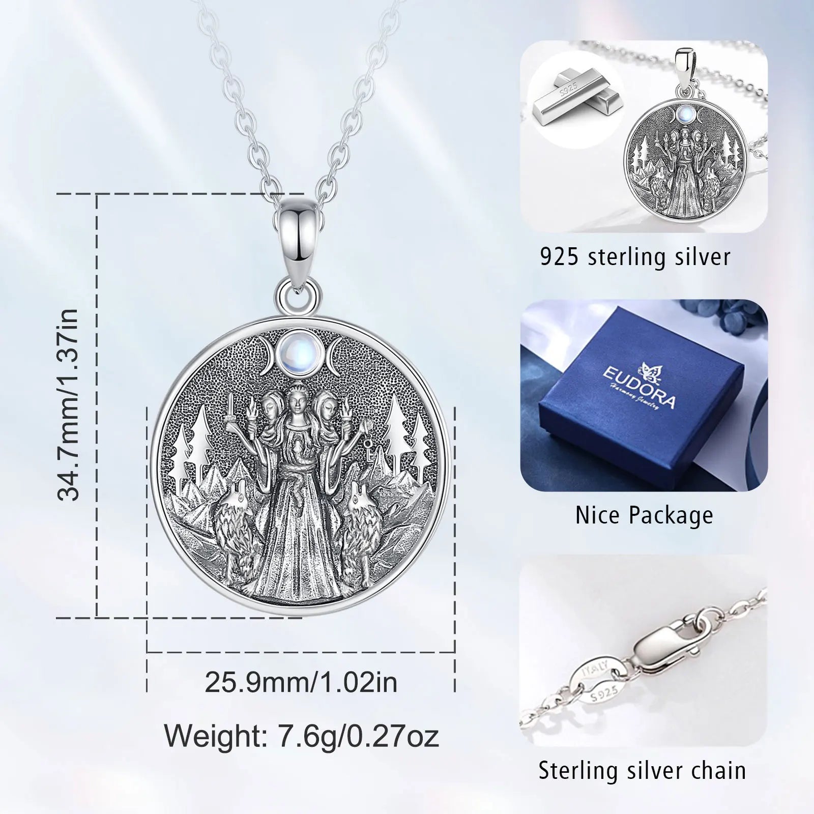 Eudora 925 Sterling Silver Hecate Dog Necklace Triple Moon Goddess Amulet Pendant Moonstone Triple Goddess Jewelry Women Gift