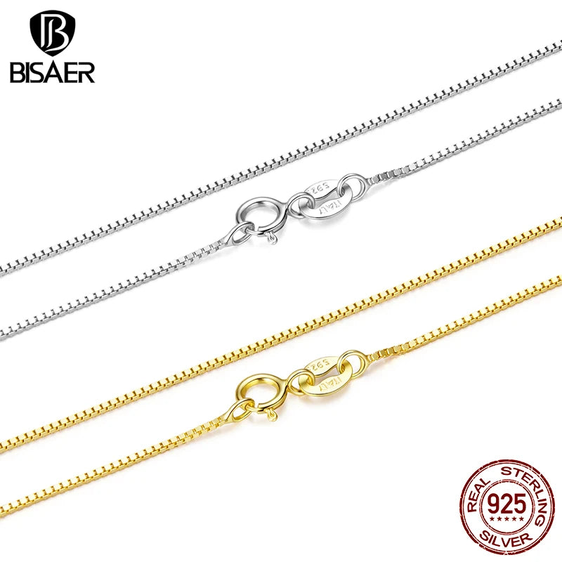 BISAER 925 Sterling Silver Box Basic Chain Necklace Lobster Clasp Optional 40 45 50cm Plated White Gold Women Men Party Jewelry