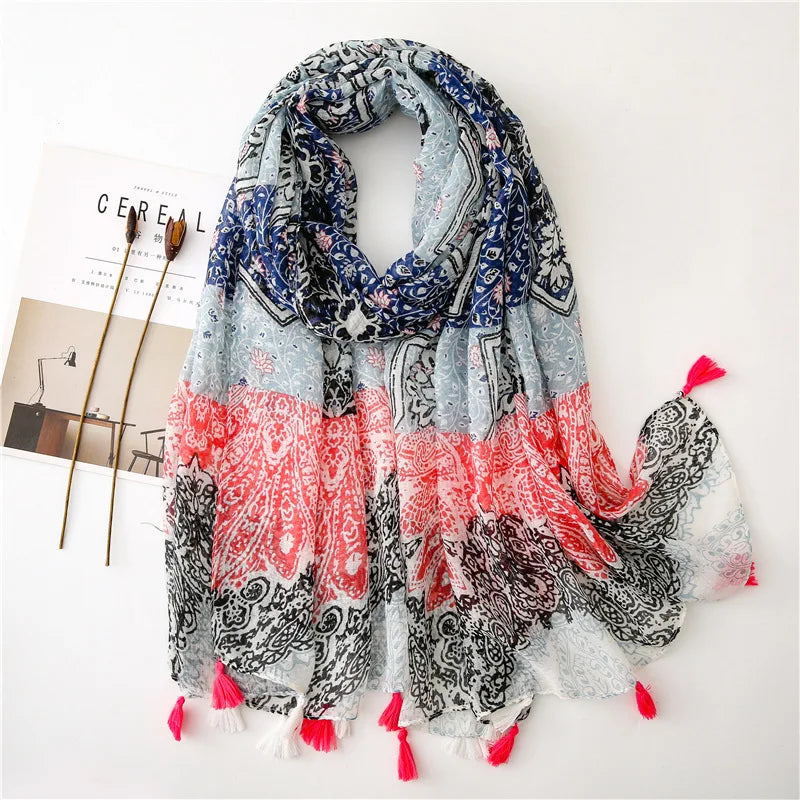 2024 Designer Brand Women Scarf Classical Print Lady Shawls Cotton Feeling Soft Oversize Hijabs Neck Headband Tassel Foulard