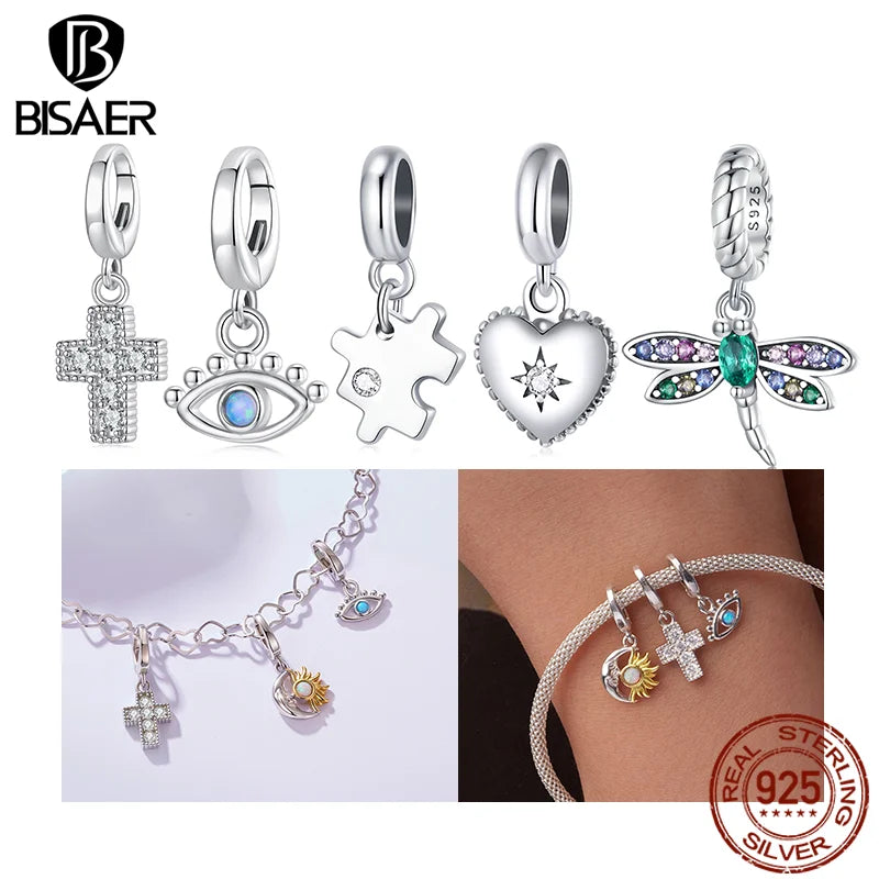 BISAER 925 Sterling Silver Mini Demon Eye Locket Charm Bead Cross Puzzle Pendant for Women DIY Bracelet & Neckalce Fine Jewelry