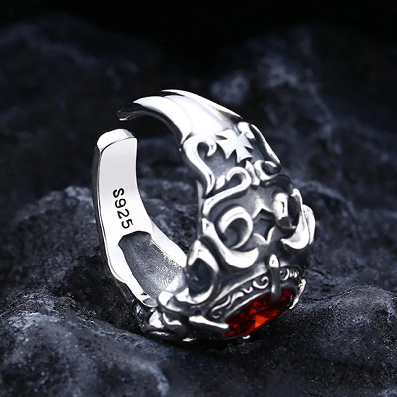 High Grade Carving Flower Ring 925 Silver Male Jewelry Open Size Trendy Crystal Red Oval Ring For Men Accessories Open Size