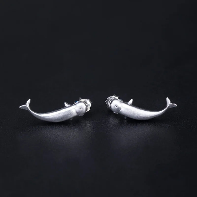 MKENDN Real 925 Sterling Silver Creative Blue Eyes Moby Stud Earring Trendy Ocean Style For Men Women Fine Jewelry Beach Gifts